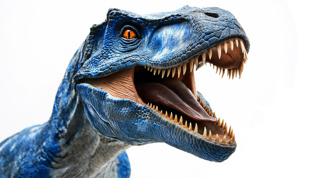 Fototapeta Blue raptor dinosaur baring teeth showing tongue