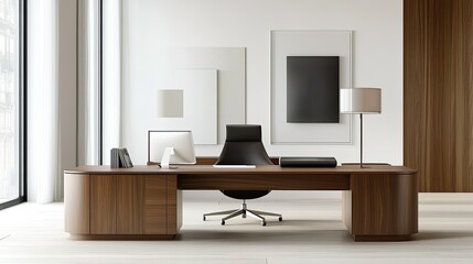 Minimalist office with sleek furniture and clean lines, leaving room for text on the wall.