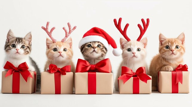 Festive cats in holiday boxes, wearing antlers and a Santa hat, perfect for Christmas cheer and seasonal joy.