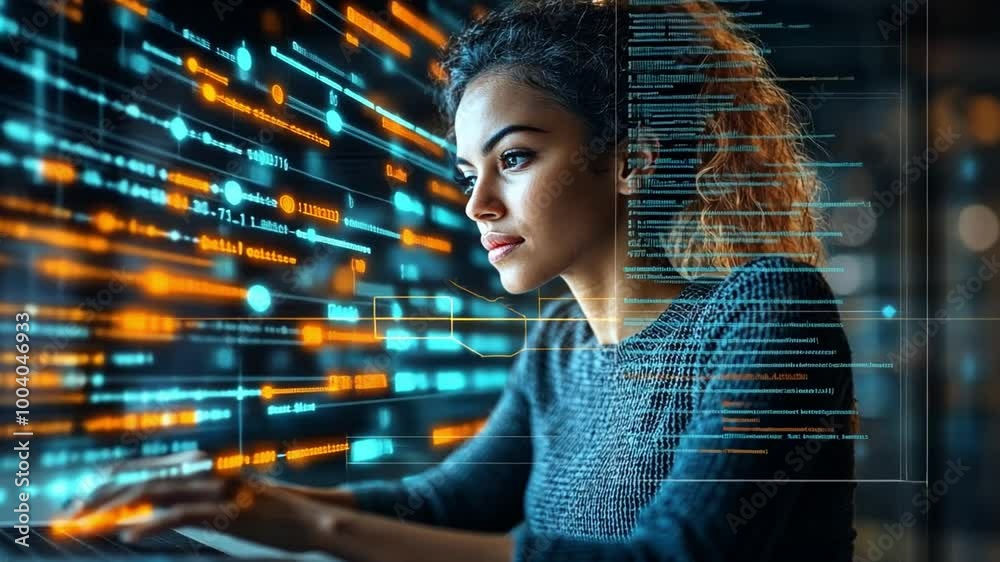 Poster young woman engaged in coding while analyzing glowing data patterns in a modern workspace