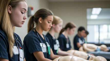 Medical Students Practicing CPR on Mannequins