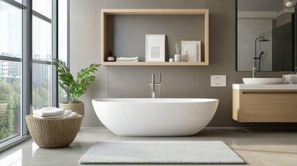 Fototapeta premium Modern bathroom with clean lines and neutral tones, leaving space for copy on the wall.