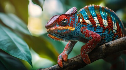 Obraz premium Vibrant Chameleon Changing Colors on a Branch
