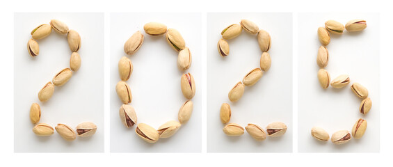 Happy Holidays 2025 2024 Numbers from pistachios on a white background New Year