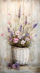 A beautiful painting of wildflowers in pastel colors, arranged artistically inside an elegant white wicker basket