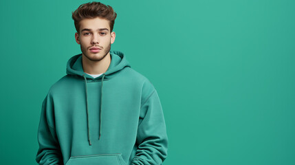 Obraz premium Serious young man with a beard is posing in a green hoodie on a green background