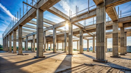 Wide-angle shot of building structure with reinforced cement columns