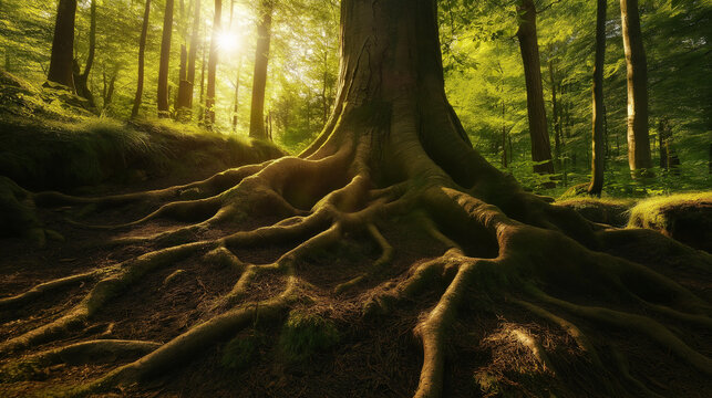 Majestic beech tree with large roots in a sunlit forest