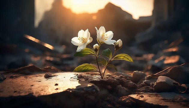 Ambiance post-apocalyptique, un jasmin parvient &agrave; pousser entre les gravats. Le soleil perce et l'&eacute;claire &agrave; contre-jour.