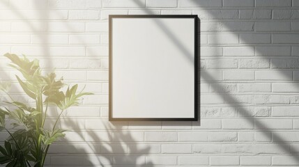Modern square frame hanging on a white brick wall, surrounded by generous copy space for text or imagery.