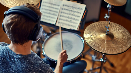 Obraz premium Drummer Practicing Beats on Drum Set with Headphones