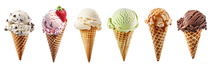different sorts of ice cream scoop on waffle cone isolated on white or transparent png