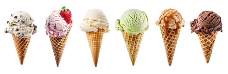 different sorts of ice cream scoop on waffle cone isolated on white or transparent png