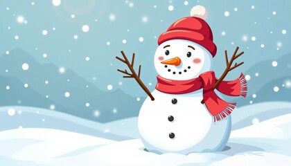 Fototapeta premium Cute snowman wearing a red hat and scarf in a snowy landscape for winter fun concept