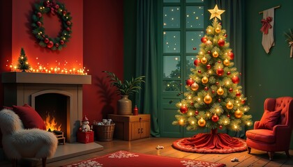 Fototapeta premium Cozy living room with a decorated Christmas tree, fireplace, and festive decor for holiday celebration concept