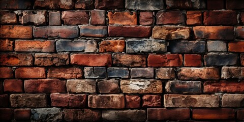 Obraz premium A weathered brick wall with a multitude of hues and textures, showcasing the passage of time and the enduring strength of a simple construction material.