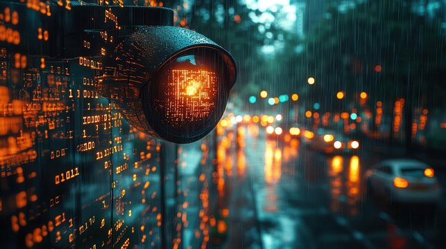 a surveillance camera looms in a digital landscape of glowing binary code symbolizing the blend of security and modern technology in a datadriven world