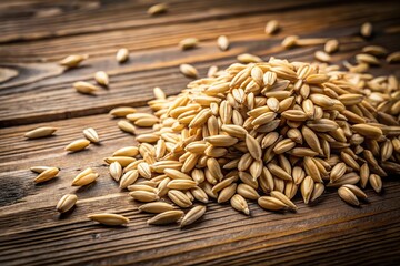 Obraz premium Wide-angle unpeeled oat seeds scattered on wooden surface