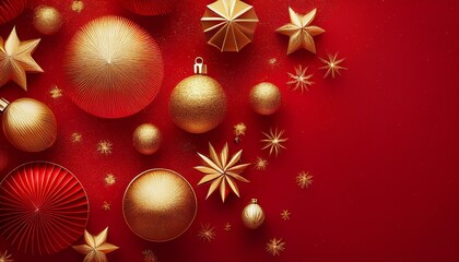 Christmas Background: A rich red background filled with subtle outlines of golden Christmas baubles and faint starbursts.