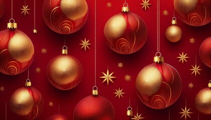 Christmas Background: A rich red background filled with subtle outlines of golden Christmas baubles and faint starbursts.