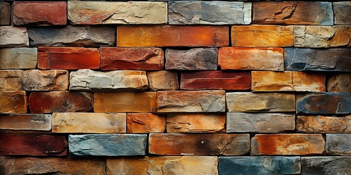 A textured stone wall with irregular bricks in shades of brown, red, gray, and blue.