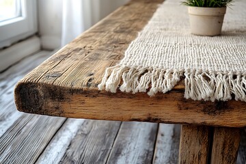 Rustic wooden table with a white runner and a plant in a pot