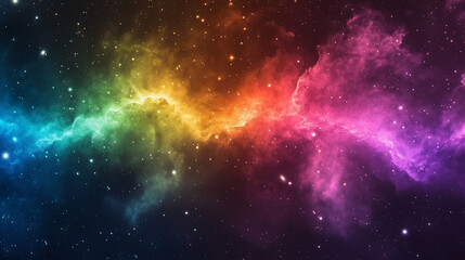 An illustration of a rainbow-colored galaxy filled with vibrant stars and swirling nebulae. This LGBTQ-themed artwork symbolizes the beauty of diversity and inclusion, celebrating love and acceptance.