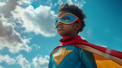 Young boy, kid in a superhero costume, standing confidently, vibrant colors. Concept: child in a hero cape showing confidence, strength, imagination, dreams and skills.