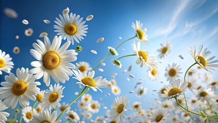 Wide-angle view of falling chamomile or daisy flower petals