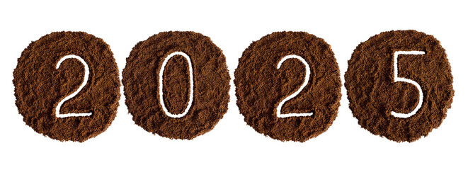 Happy Holidays 2025 2024 Numbers from ground coffee on a white background Year 2025