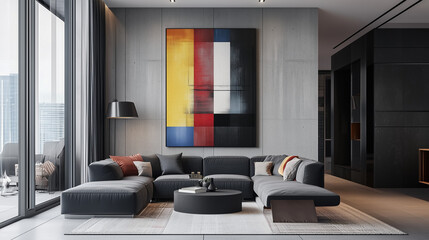 A modern interior features sleek furniture and stylish decor, with vibrant LGBTQ-themed artwork adorning the wall, celebrating diversity and inclusivity in a welcoming, contemporary space.