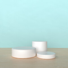 3D product display podium with geometric platform. background 3d render with podium. wood stand to show cosmetics and products
