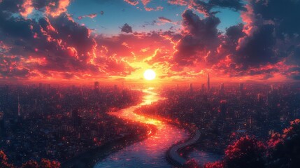 Fototapeta premium a vibrant animestyle sunset illuminating a city skyline with colorful clouds reflecting in the buildings and a winding road leading into the horizon evoking a sense of adventure
