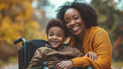 Loving Moment Between African American Mother and Disabled Child in Wheelchair - Family Bonding and Warmth