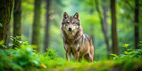 Obraz premium Wild European wolf in lush forest