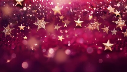 Fototapeta premium Christmas Background: A deep crimson background with glowing golden stars and frosty snowflake.