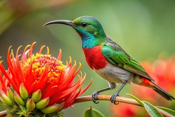 Fototapeta premium Wild Greater Double Collared Sunbird feeding on red flower