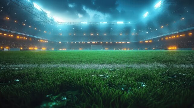 a vibrant soccer stadium comes alive under bright floodlights with the lush grassy pitch glowing in the night capturing the thrilling atmosphere of a live sports event