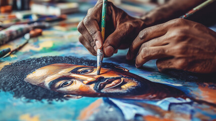 A close-up of hands working on a Black History Month mural, painting portraits of famous African American leaders and cultural symbols. Ai generated