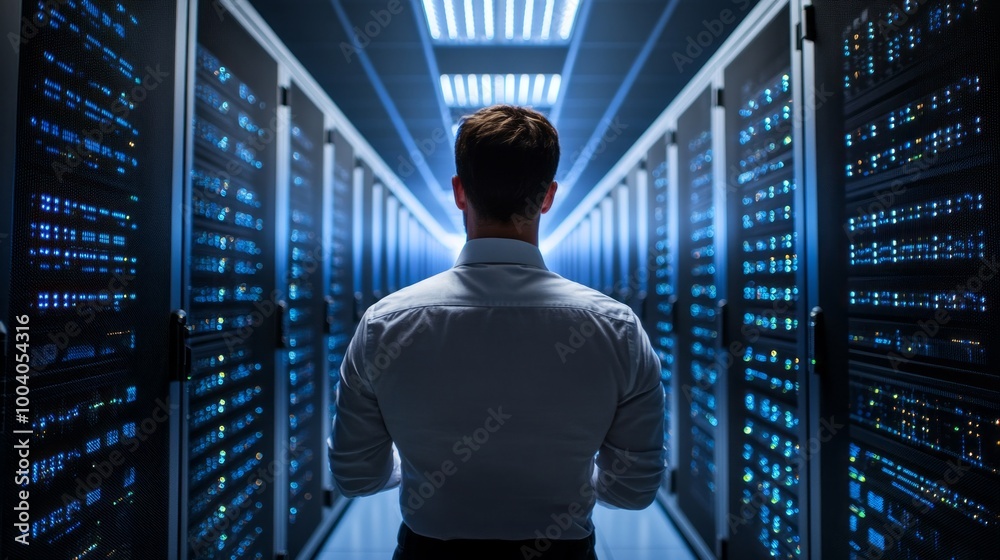 Poster A man stands in front of a row of computer servers