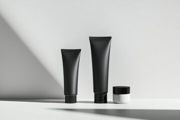 Minimalist mockup of men's cosmetics arranged on a bright surface with soft shadows