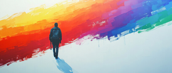 An illustration of man standing in front of a rainbow-colored wall, symbolizing LGBTQ pride, diversity and freedom. 