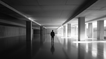 Obraz premium A solitary figure stands in a vast, minimalist concrete space with stark lighting and deep shadows during the day
