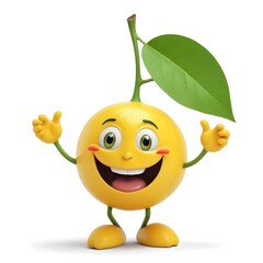 A smiling yellow lemon with a green leaf , cartoon character with arms and legs