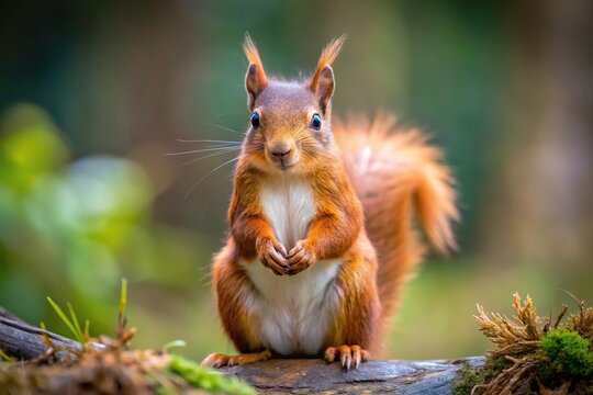 Wild red squirrel in Formby Nature Reserve at eye level