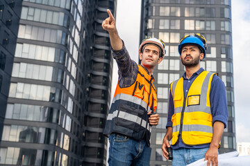 Contractor, Two civil engineers checking information from blueprint with teamwork, project manager planning and collaboration, outdoor construction worker and floor plan for urban development in city