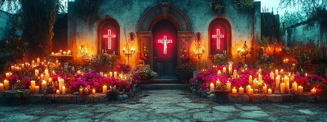 Naklejka premium horizontal image of a dark cemetery background with candles for All Souls Day, halloween, banner, design, social media, Día de Muertos, copy space