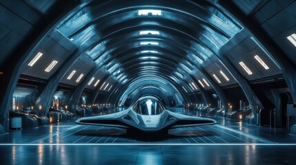 Futuristic aircraft resting in a sleek, illuminated hangar during a quiet evening