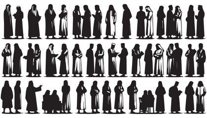 Collection of Muslim Arab man silhouette vector illustration black and white art design