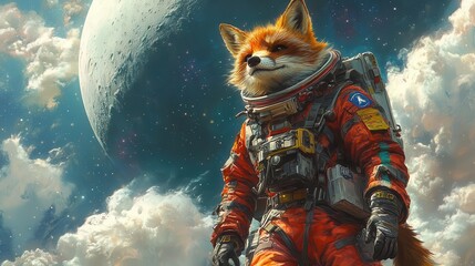 a whimsical scene of a fox clad in a colorful astronaut suit playfully floating against the backdrop of the moon blending fantasy with a touch of humor in a cosmic adventure
